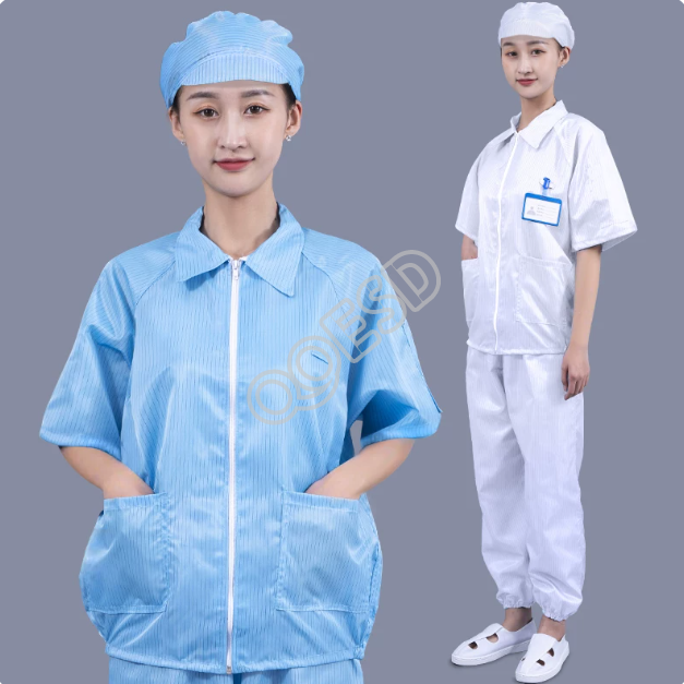 Short Sleeve Anti-Static Cleanroom Shirt - Summer Lightweight ESD Workwear Top (Blue/White)