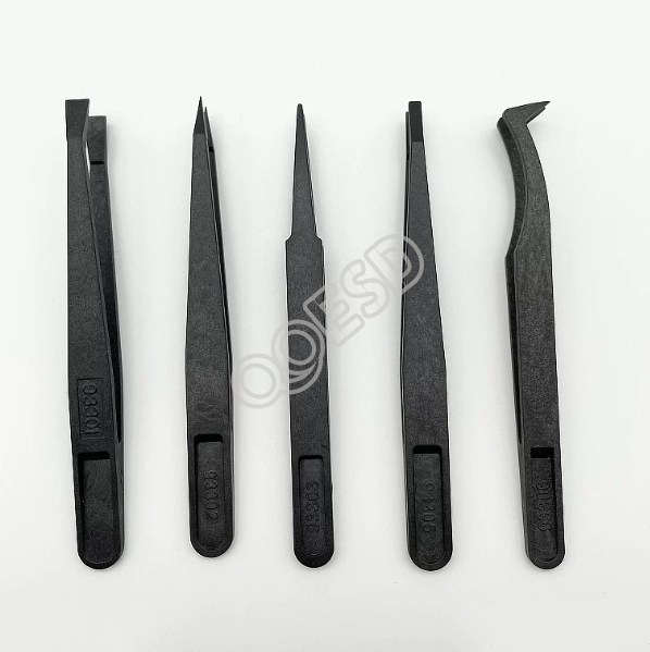 Anti-Static ESD Plastic Carbon Fiber Tweezers - Fine, Flat & Curved Tip Precision Tweezers for Electronics Repair & PCB Assembly