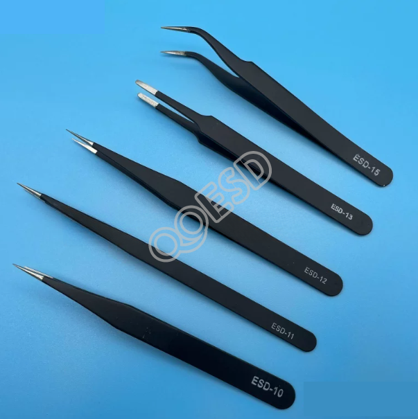 Stainless Steel ESD Tweezers - Anti-Static Fine, Curved & Flat Tip Tweezers for Phone Repair & Electronics Assembly