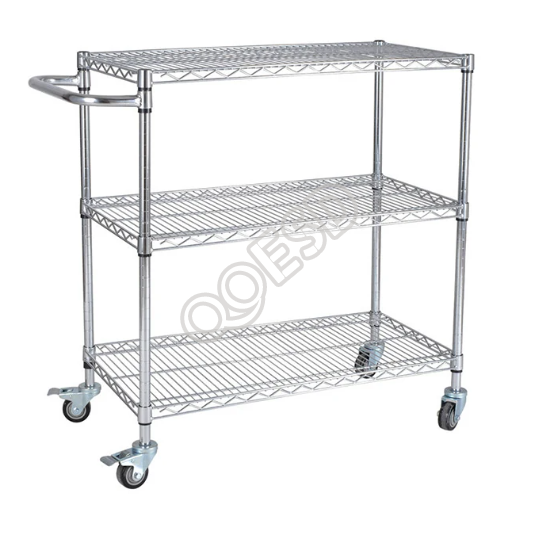 Chrome Wire Cart with Casters, Movable Warehouse Trolley, Workshop Material Storage Rack