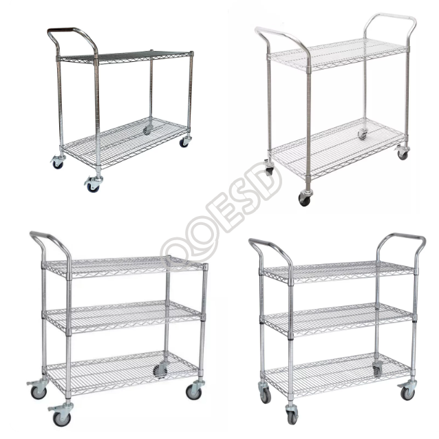 Multi-Function Chrome Wire Trolley with Push Handles, Multi-Tier Warehouse Picking & Transfer Cart, Material Storage & Distribution Cart for Logistics